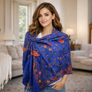 Royal Blue Embroidered Kashmir 100% Wool Scarf